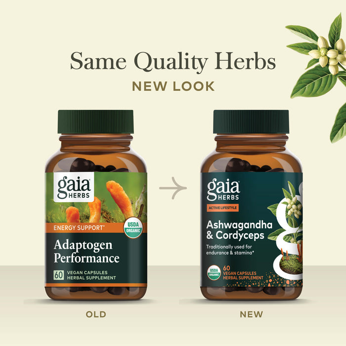 Ashwagandha & Cordyceps (Formerly Adaptogen Performance) 60 count Old Label Versus New Label Comparison