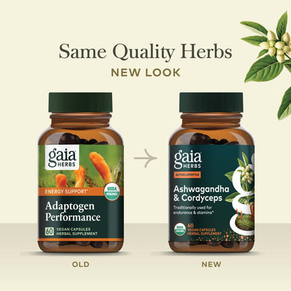 Ashwagandha & Cordyceps (Formerly Adaptogen Performance) 60 count Old Label Versus New Label Comparison