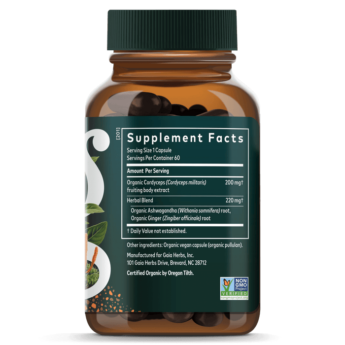 Gaia Herbs Ashwagandha & Cordyceps (Formerly Adaptogen Performance Mushrooms & Herbs) for Energy Support || 60 ct Supplement Facts Bottle Panel