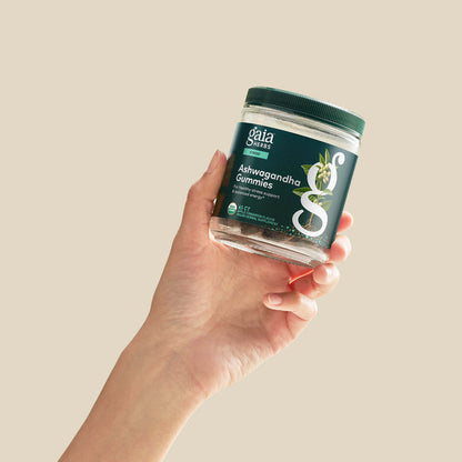 Ashwagandha Gummies 45 Count Bottle Held In A Person's Hand