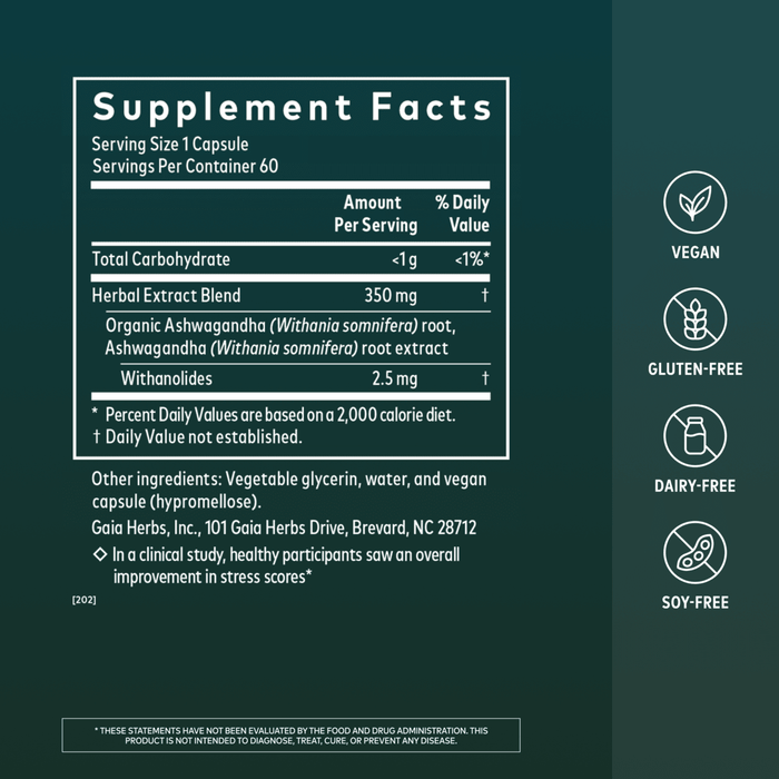 Gaia Herbs Ashwagandha Root Pill for Stress Support || 60 ct Supplement Facts