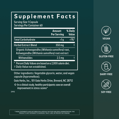 Gaia Herbs Ashwagandha Root Pill for Stress Support || 60 ct Supplement Facts