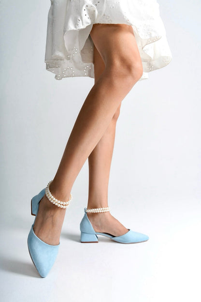 Aurora | Baby Blue Suede Low Heels with Pearls