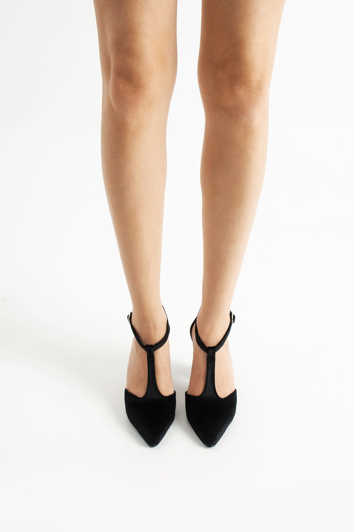 Aveline | Black Velvet T-Strap High Heels