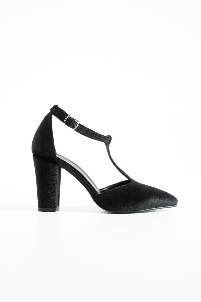 Aveline | Black Velvet T-Strap High Heels