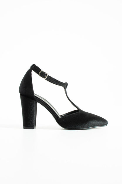 Aveline | Black Velvet T-Strap High Heels