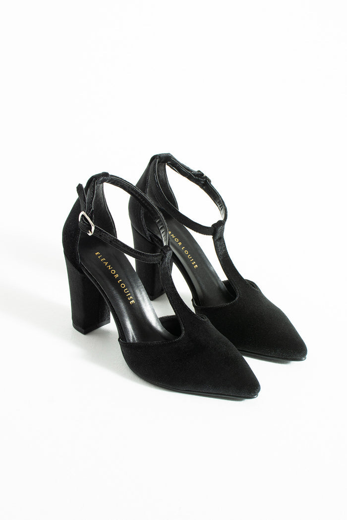 Aveline | Black Velvet T-Strap High Heels