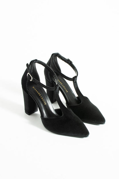 Aveline | Black Velvet T-Strap High Heels