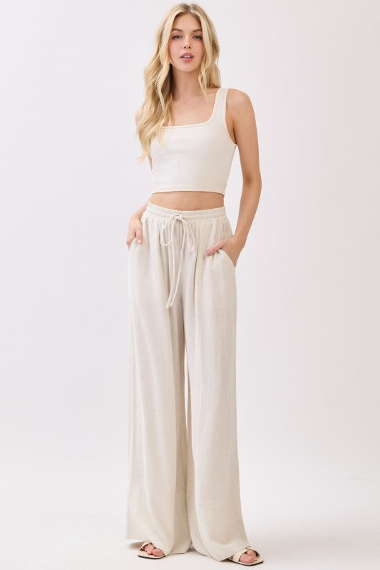 Paris Drawstring Linen Wide Leg Pants Oatmeal