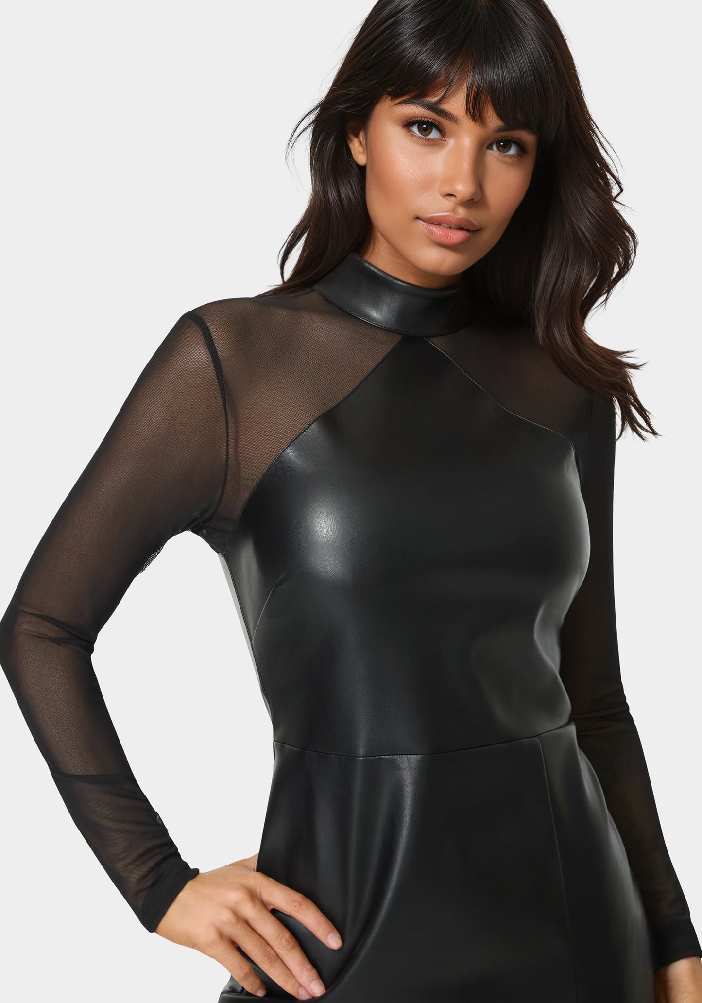 Faux Leather and Mesh Mock Neck Mini Dress
