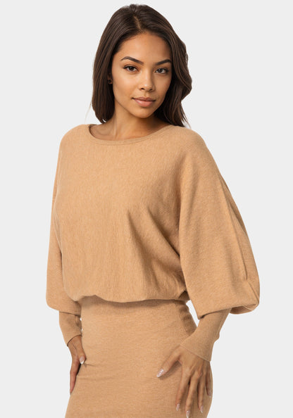Scoop Neck Blouson Sweater Midi Dress