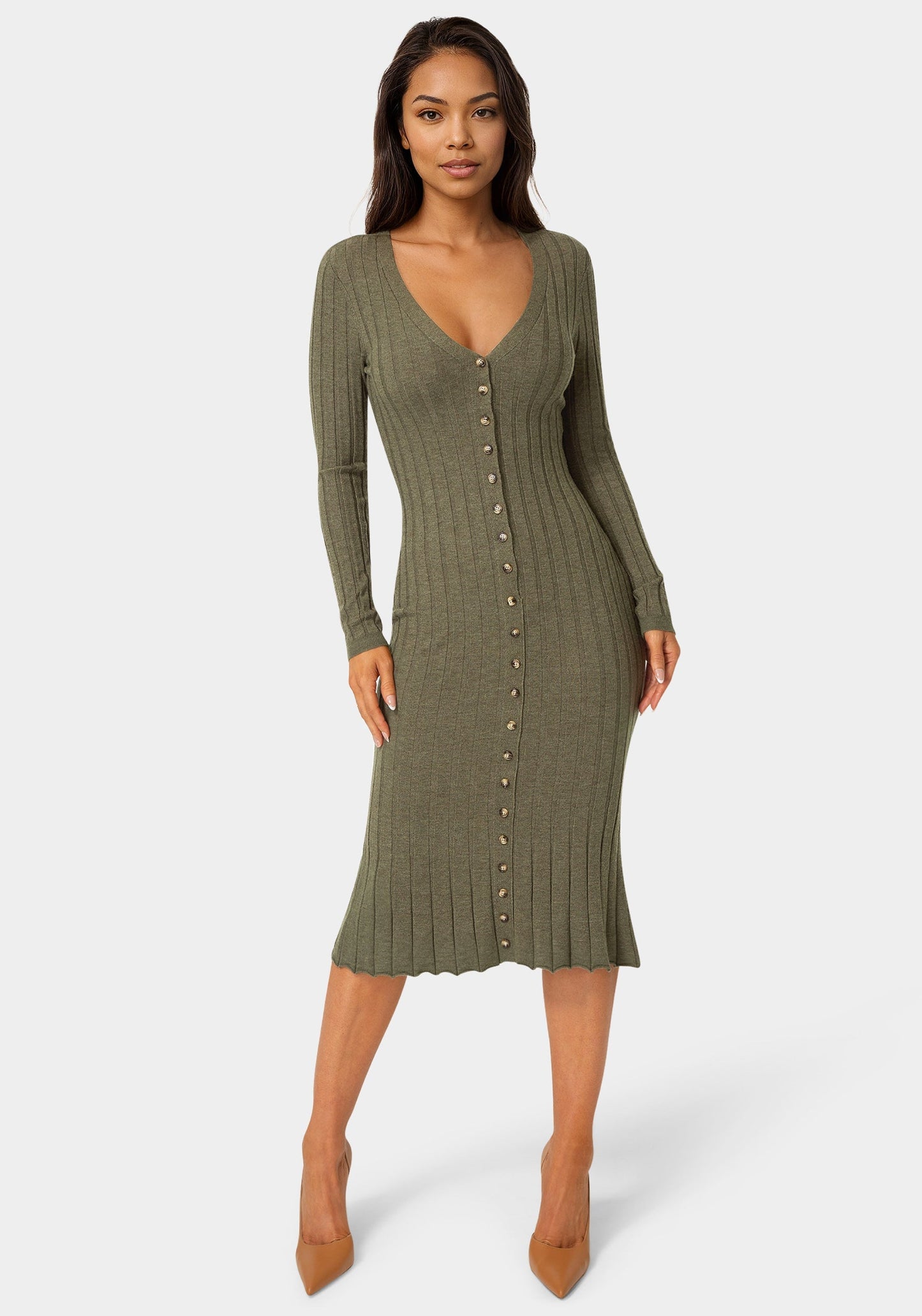 Button Front V-Neck Sweater Midi Dress