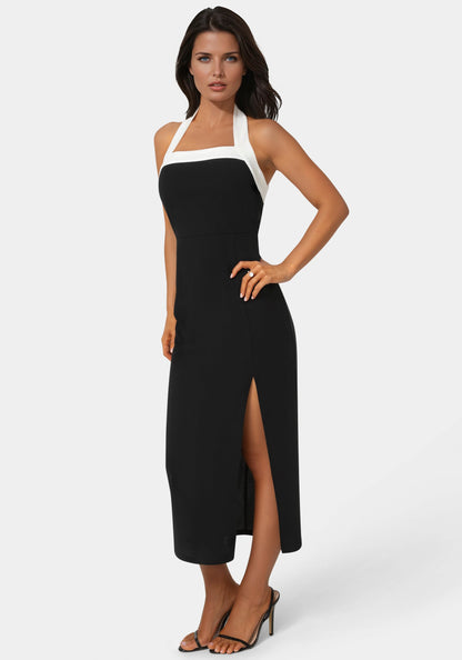 Colorblock Halter Neck Midi Dress