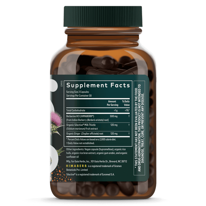 Gaia Herbs Berberine & Milk Thistle for Active Lifestyle || 60 ct Supplement Facts Bottle Panel
