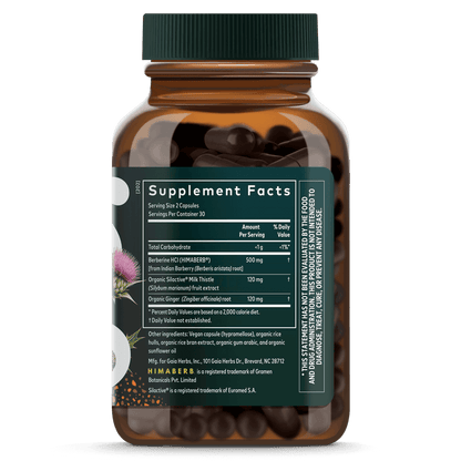 Gaia Herbs Berberine & Milk Thistle for Active Lifestyle || 60 ct Supplement Facts Bottle Panel