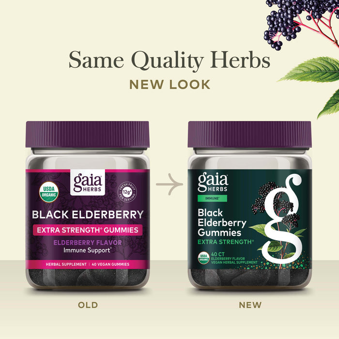 Black Elderberry Gummies Extra Strength 40 count Old Label Versus New Label Comparison