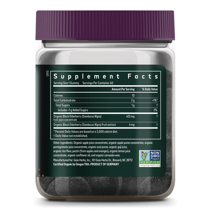 Gaia Kids Black Elderberry Gummies Supplement Facts bottle panel
