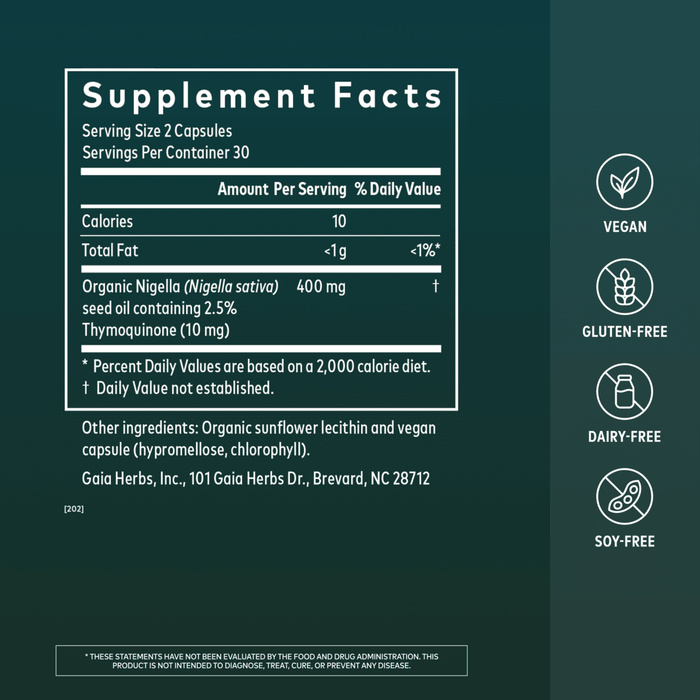 Gaia Herbs Black Seed Oil pills for Respiratory Support || 60 ct Supplement Facts