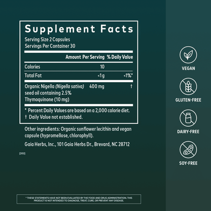 Gaia Herbs Black Seed Oil pills for Respiratory Support || 60 ct Supplement Facts