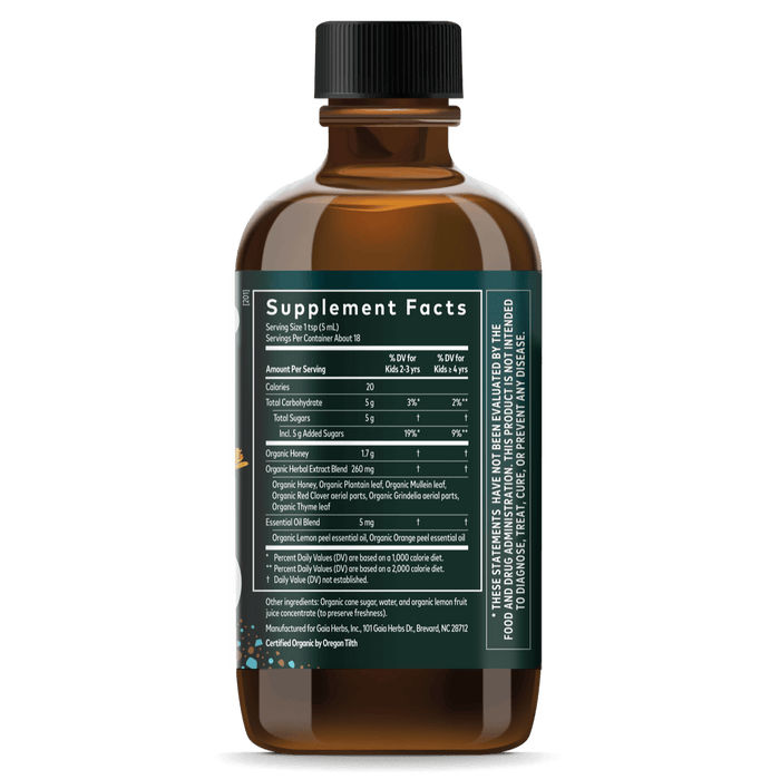 GaiaKids® Bronchial Wellness Syrup for Immune Support || 3 oz Supplement Facts Bottle Panel