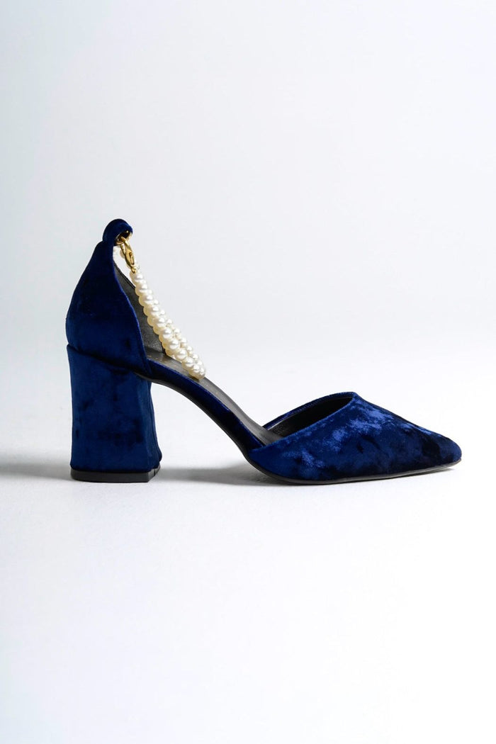 Callidora | Navy Velvet High Heels with Pearls