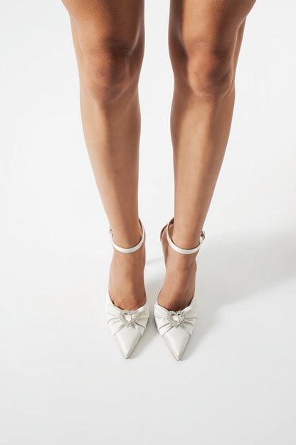Carla | Ivory Satin High Heels Bow with Heart Stone