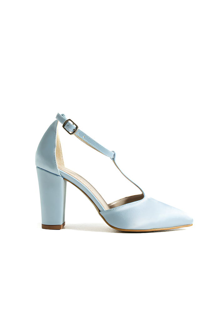 Célia | Baby Blue Satin T-Strap High Heels
