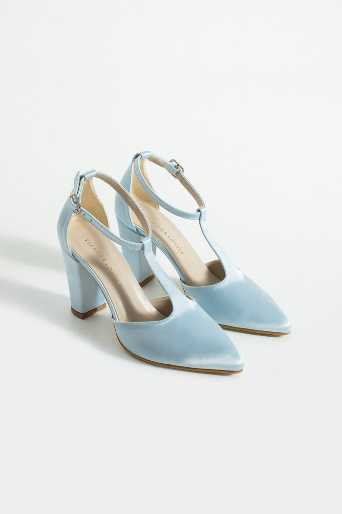 Célia | Baby Blue Satin T-Strap High Heels