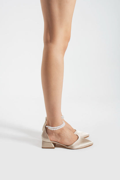 Chaya | Beige Satin Low Heels with Pearls