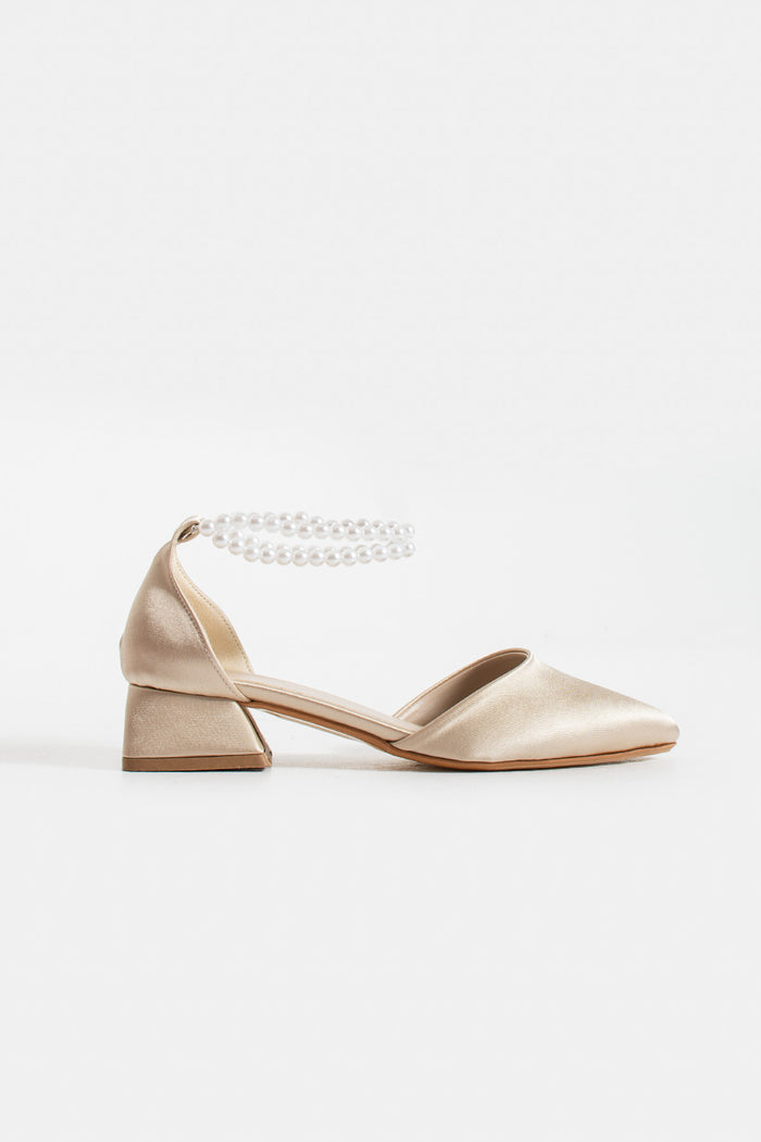 Chaya | Beige Satin Low Heels with Pearls