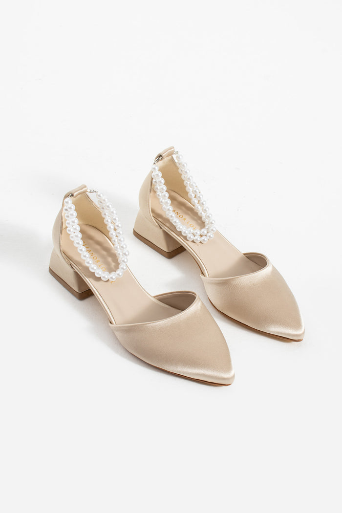 Chaya | Beige Satin Low Heels with Pearls