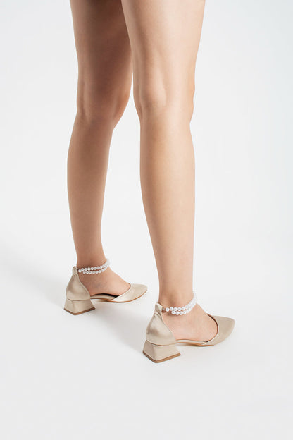 Chaya | Beige Satin Low Heels with Pearls