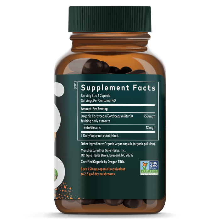 Gaia Herbs Cordyceps Mushroom Vegan Capsules || 40 ct Supplement Facts Bottle Panel
