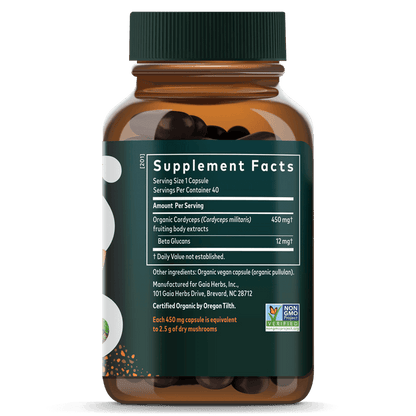 Gaia Herbs Cordyceps Mushroom Vegan Capsules || 40 ct Supplement Facts Bottle Panel