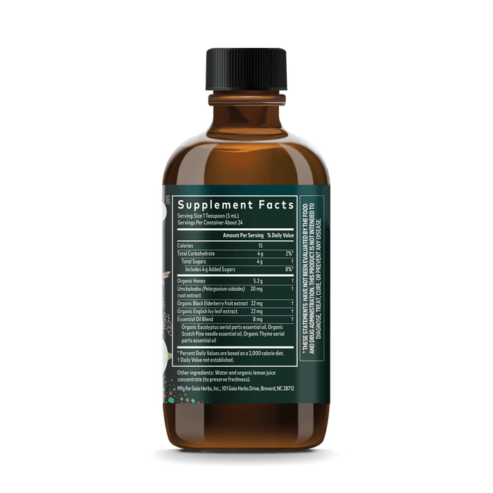 Gaia Herbs Cough Syrup for Immune Support || 4 ounce Supplement Facts Bottle Panel