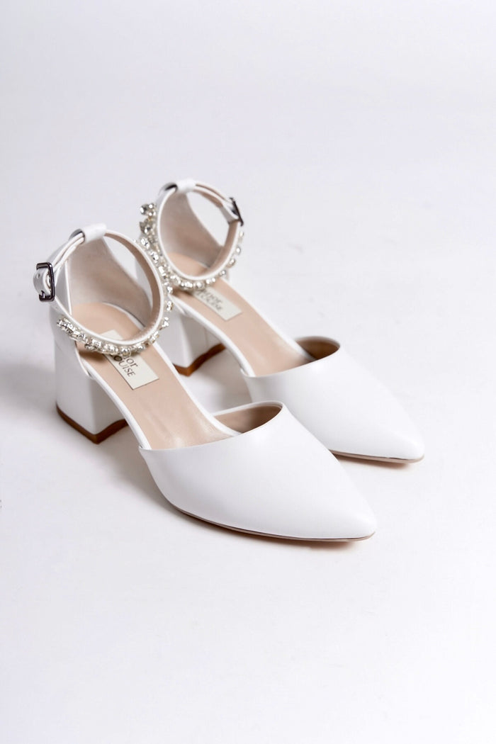 Delphine | White Crystal Rhinestone Mid Heels