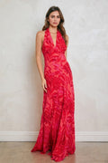 Liana Sleeveless Halter Open Back Floral Print Maxi Dress Red