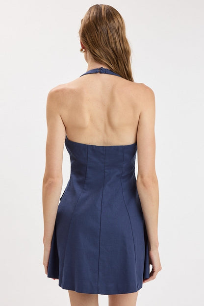 Liberty Sleeveless Halter Button Down Mini Dress Navy