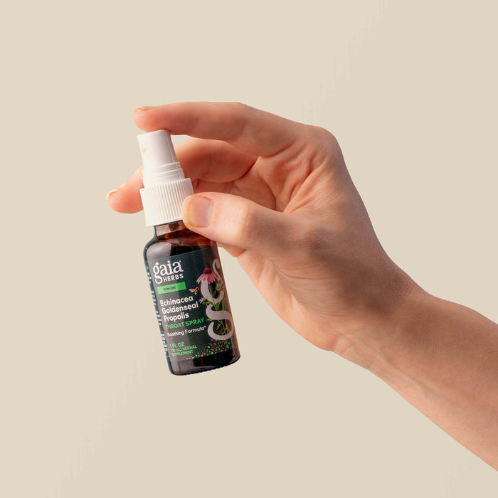 Echinacea Goldenseal Propolis Throat Spray 1 ounce Bottle Held In A Person's Hand