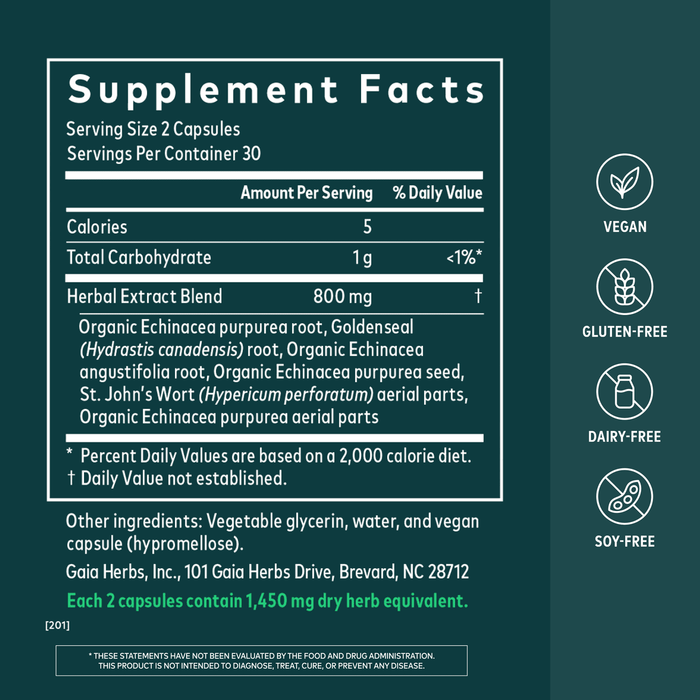 Gaia Herbs Echinacea Goldenseal 60 count Supplement Facts