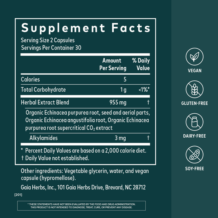 Gaia Herbs Echinacea Supreme for Immune Support || 60 ct Supplement Facts Bottle Panel