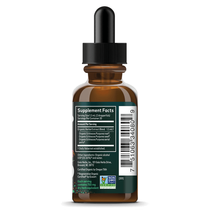 Gaia Herbs Echinacea Supreme Extract, Certified Organic for Immune Support || 1 oz Supplement Facts Bottle