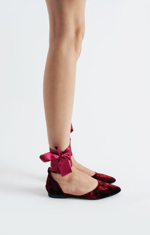 Etta | Burgundy Velvet Flats with Ribbon
