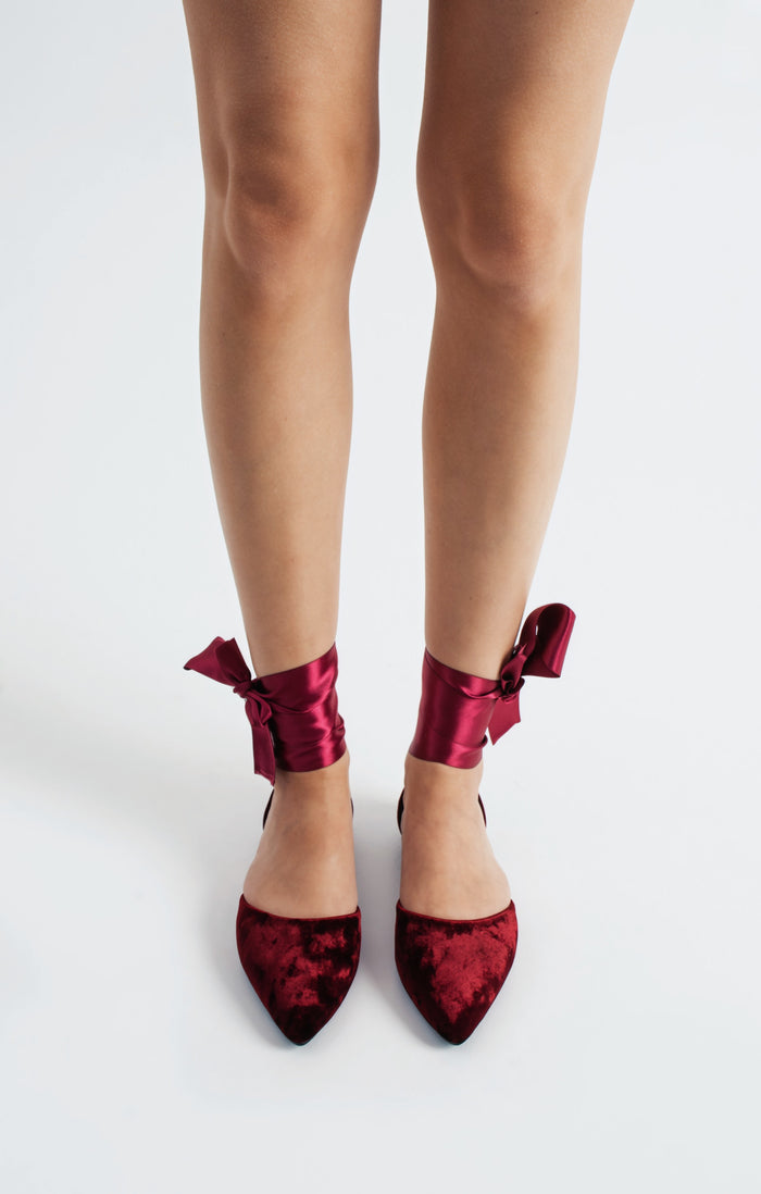 Etta | Burgundy Velvet Flats with Ribbon
