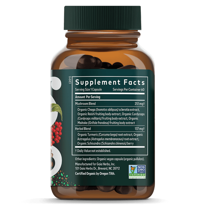 Gaia Herbs Everyday Immune Mushrooms & Herbs || 60 ct Supplement Facts Bottle Panel