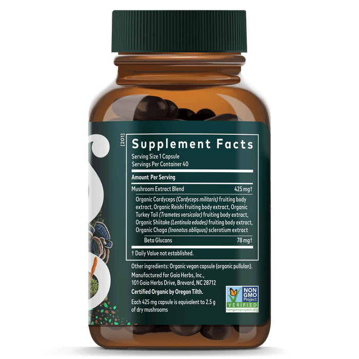 Gaia Herbs Everyday Mushrooms - Formerly - Immune Mushroom Blend || 40 ct Supplement Facts Bottle Panel