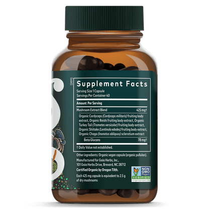 Gaia Herbs Everyday Mushrooms - Formerly - Immune Mushroom Blend || 40 ct Supplement Facts Bottle Panel