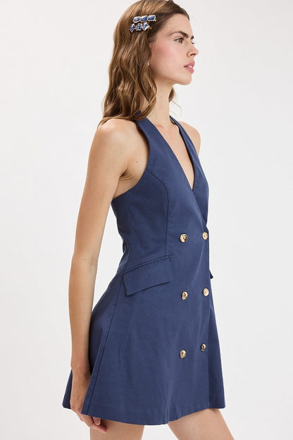 Liberty Sleeveless Halter Button Down Mini Dress Navy