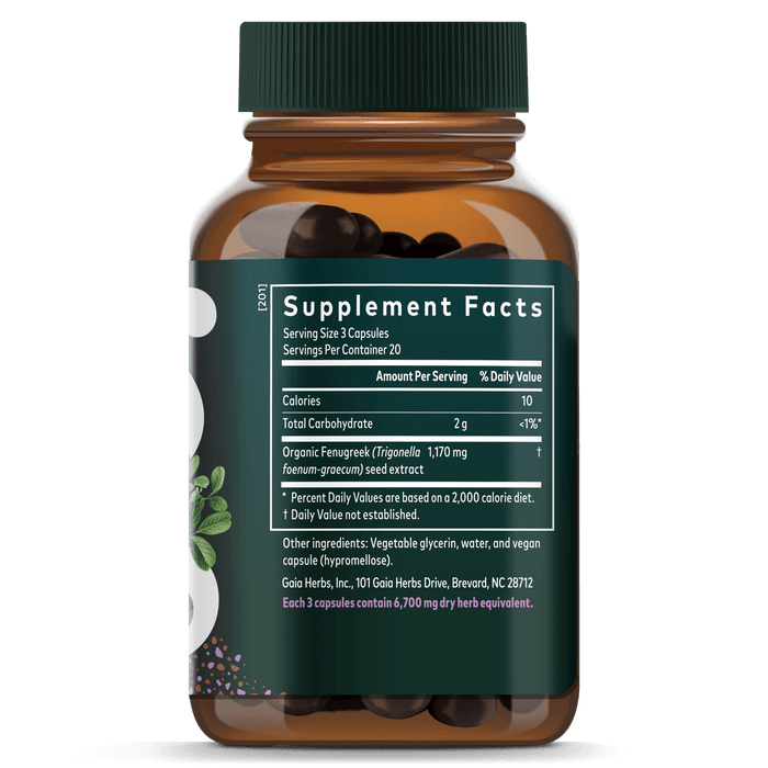 Gaia Herbs Fenugreek Pills for Women || 60 ct Supplement Facts Bottle Panel