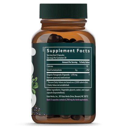 Gaia Herbs Fenugreek Pills for Women || 60 ct Supplement Facts Bottle Panel